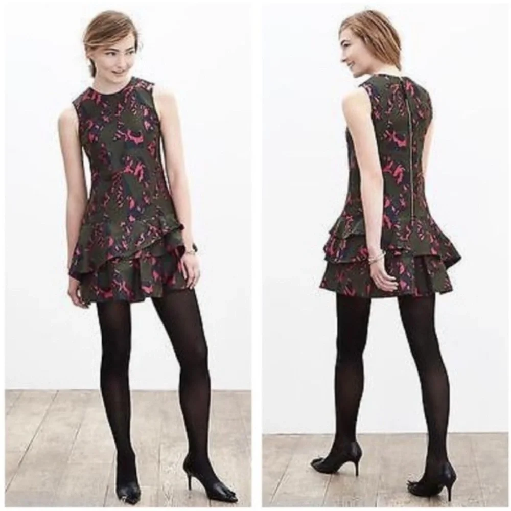 Banana Republic Unique Patterned Jacquard Ruffled Mini Dress Olive/Pink Size 2